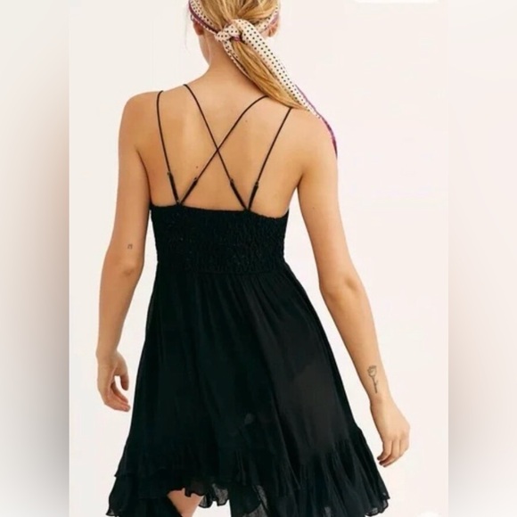 Free People Adella Slip Dress Black Lace Adjustable Ruffle Smocked - Picture 3 of 7